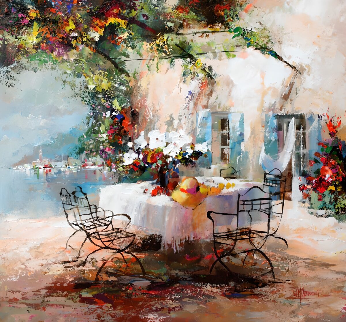 Flowers on a sunlit waterside terrace