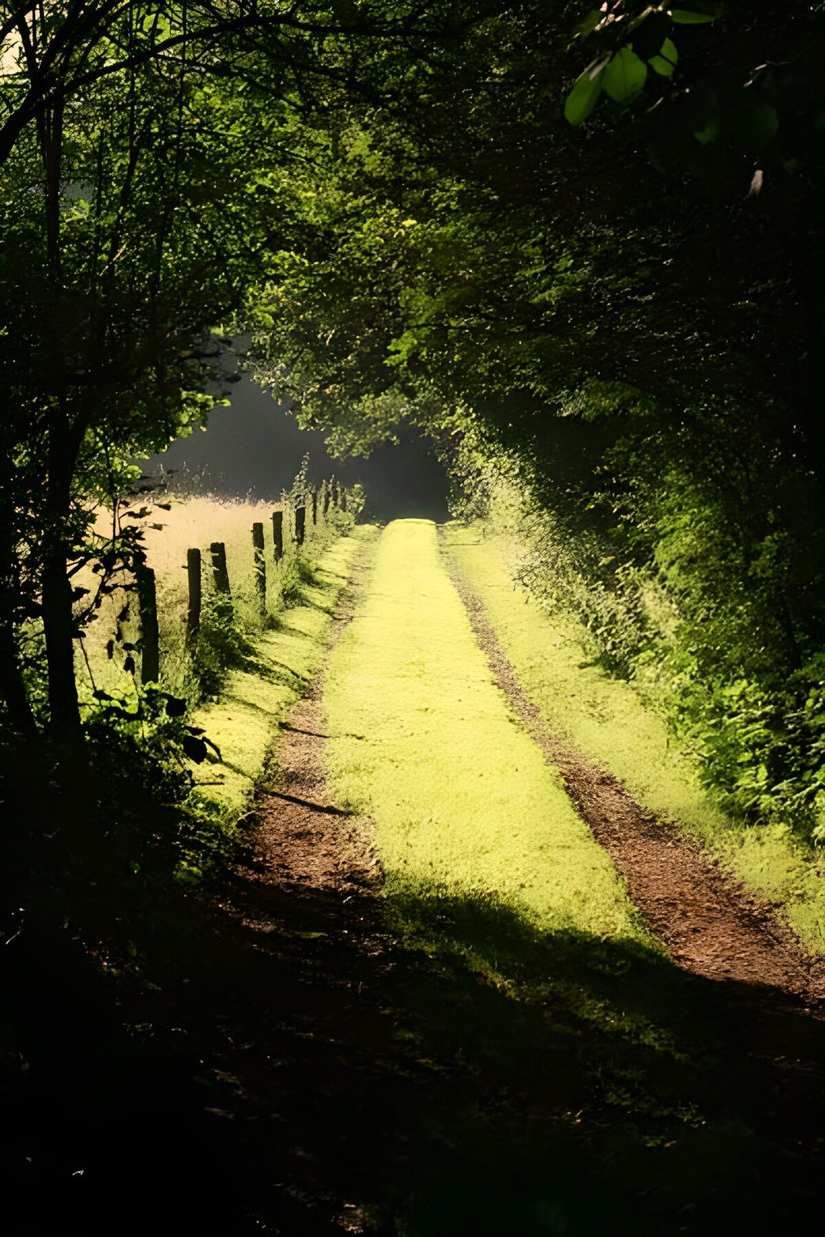Sunlit country track beneath the trees
