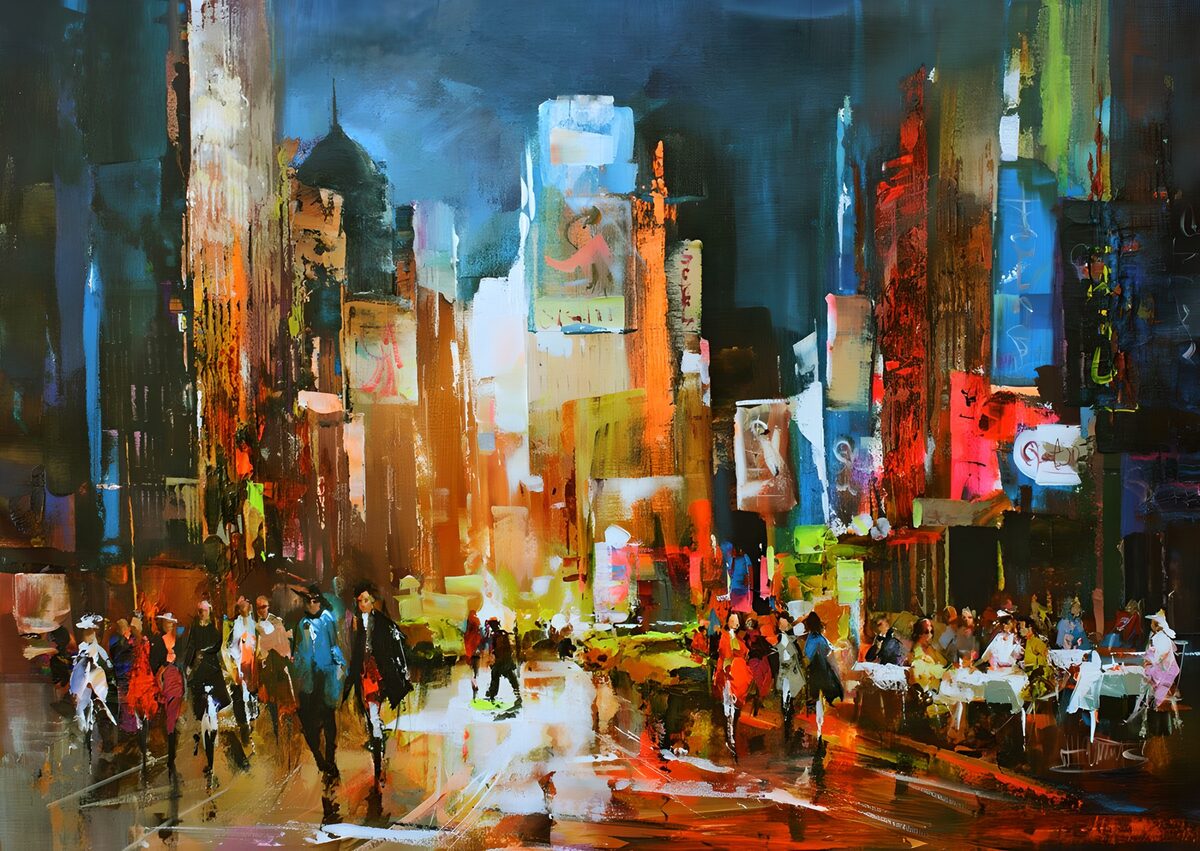 Busy city street in bright night colours