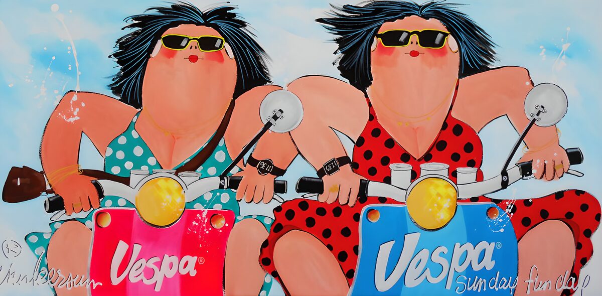 Two women on scooters, summer in style