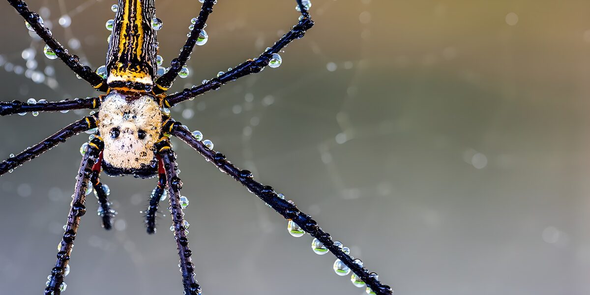 Yellow-and-black spider sparkling with dew