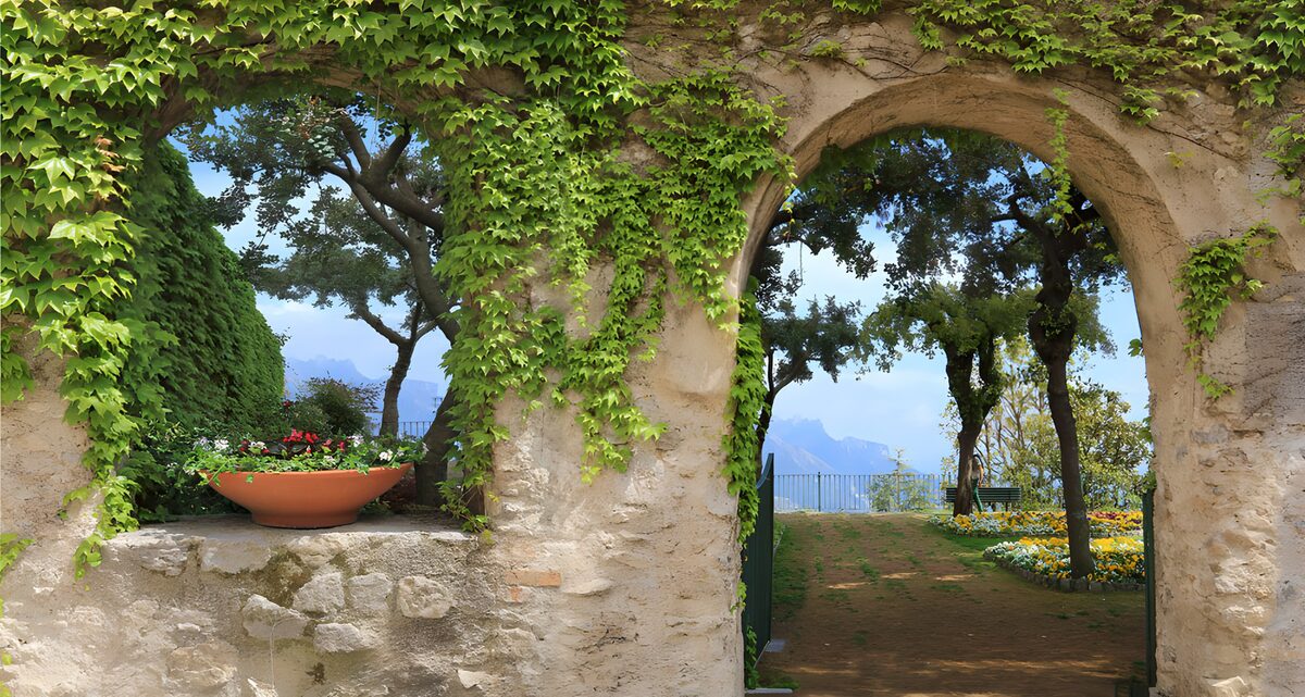 Ivy-clad arch into a shady garden