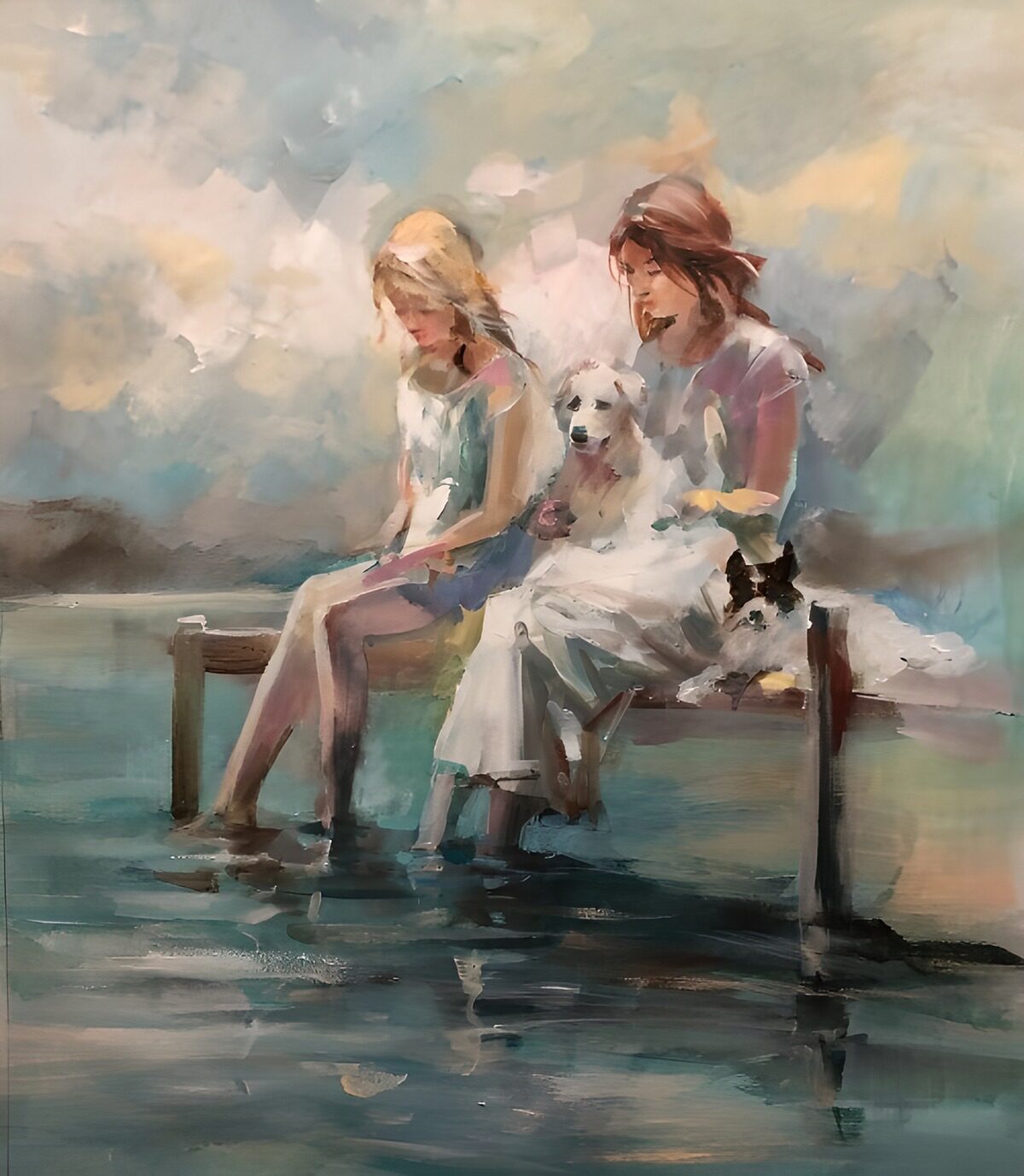 Girl, woman and dogs on a quiet jetty