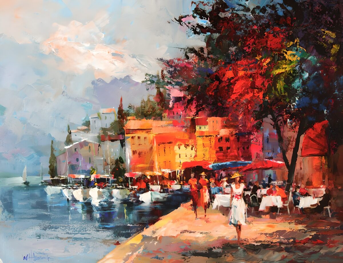 Sunlit harbour cafés and little boats