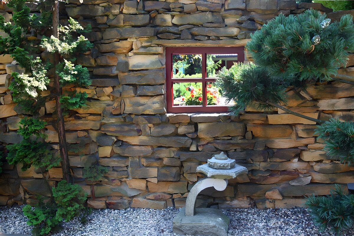 Red window and stone garden lantern