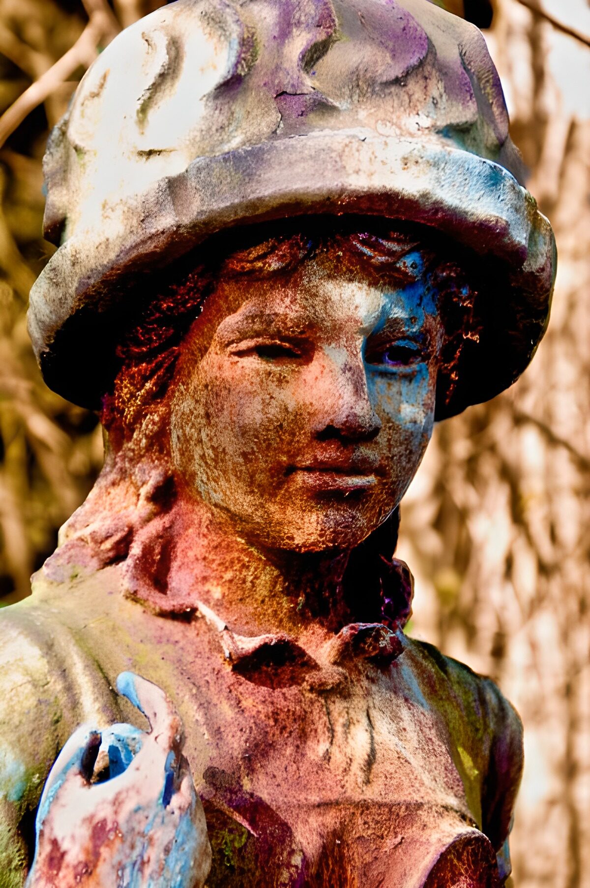 Weathered statue in a broad-brimmed hat
