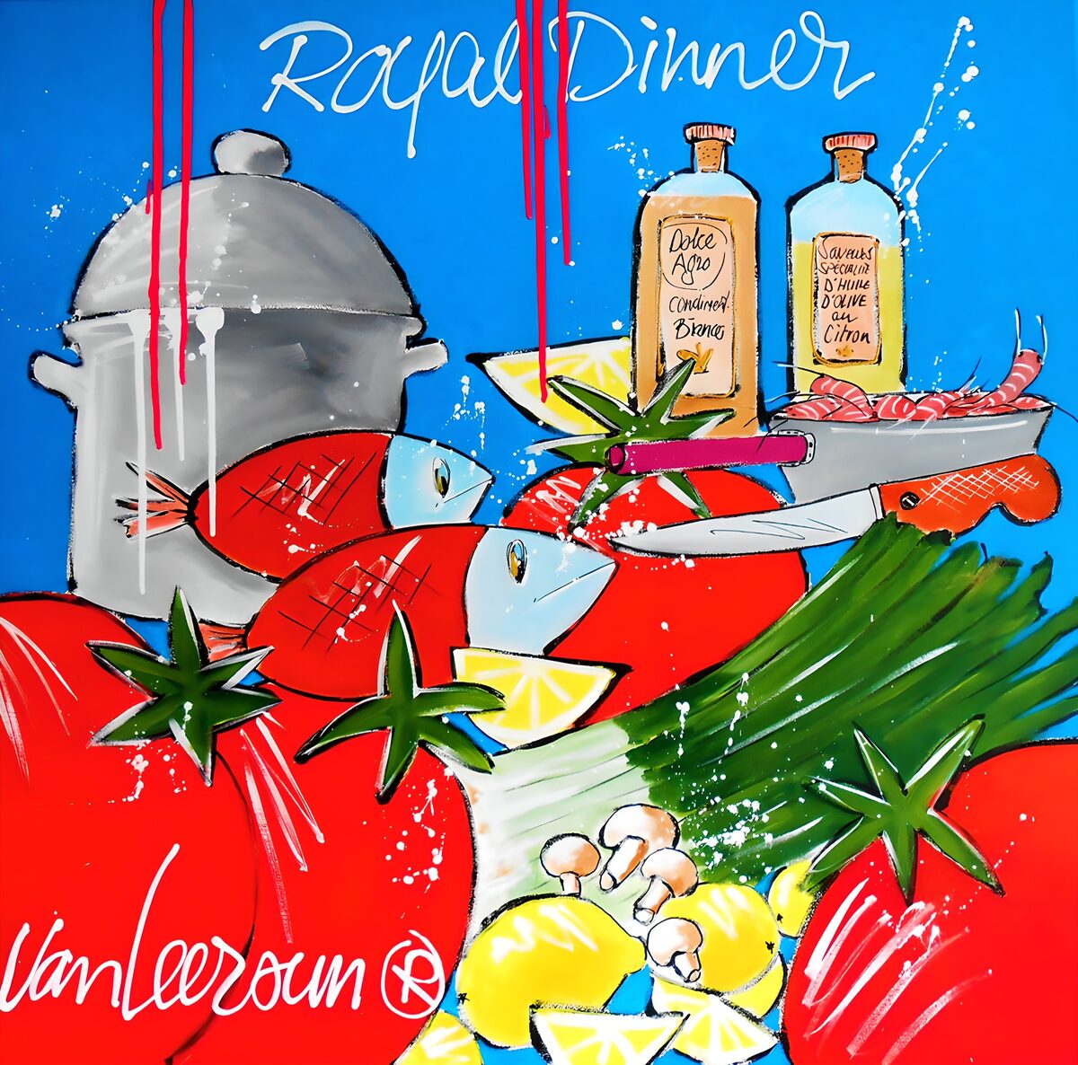 Fish, tomatoes and lemons on vivid blue