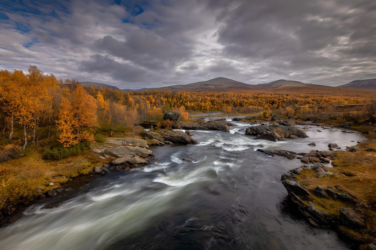 Autumn rapids under a brooding sky