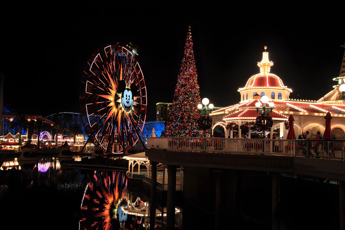 A Ferris wheel stitched into the night