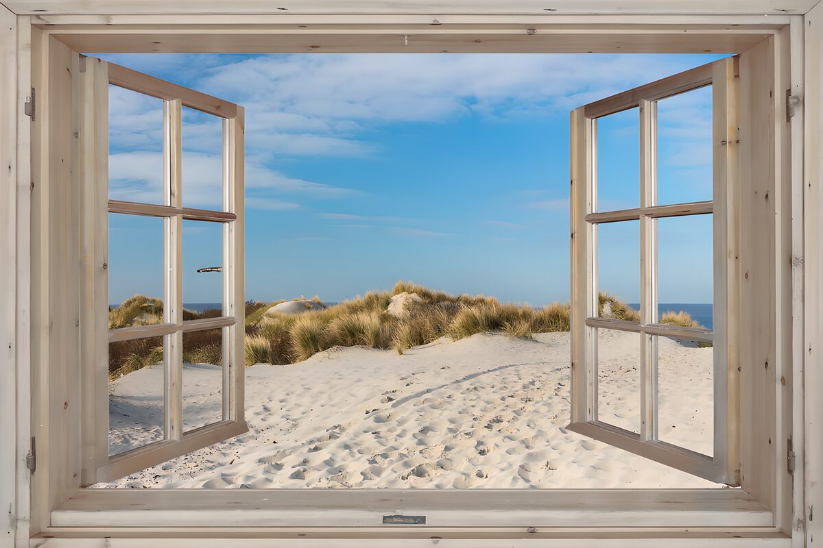 Open window onto sunlit dunes