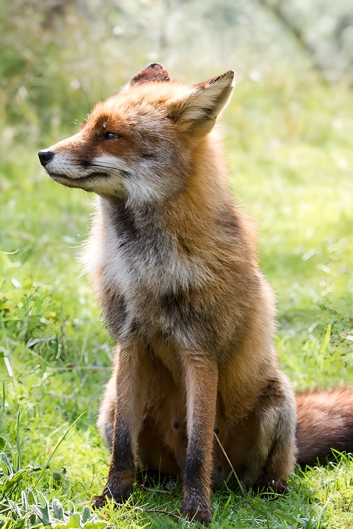 Red fox sitting in sunlit grass