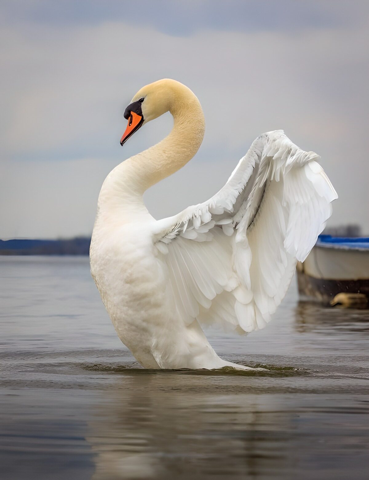 White swan stretching on grey water